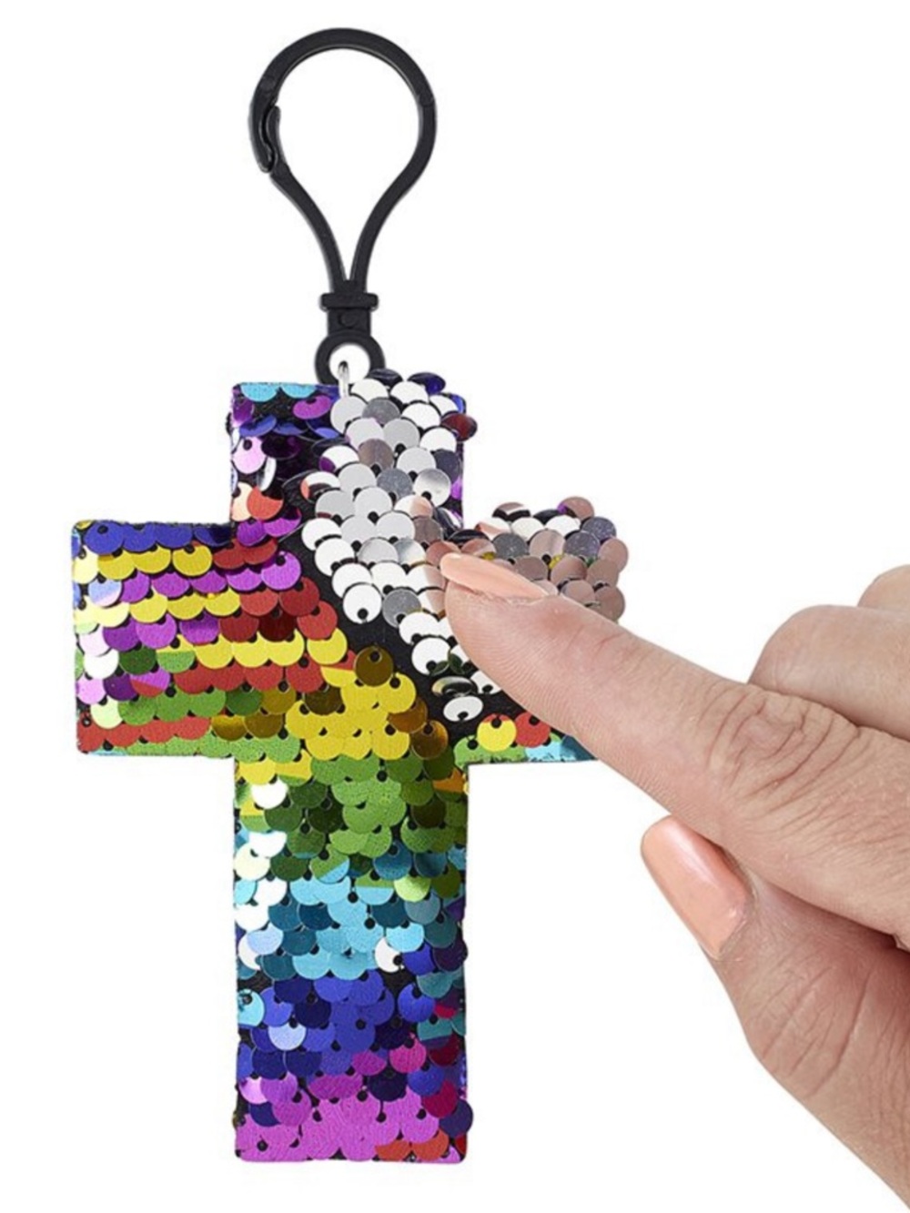 Sequin Flip Cross Keychain - Multicolor bag clip Easter Catholic gift